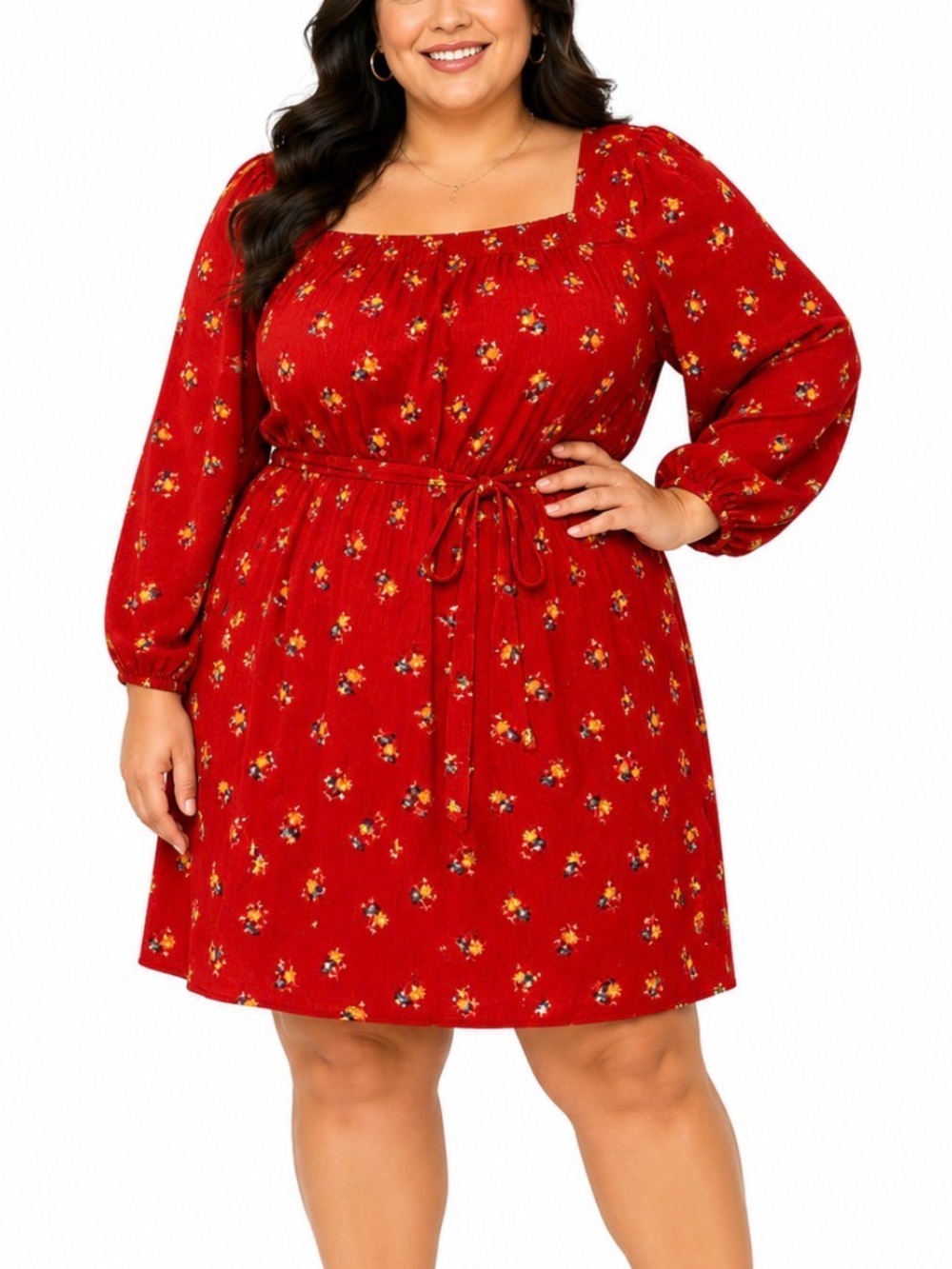 Markey & Spruce Red Floral Tie-Waist Women's Dress billow long sleeves SZ XL
